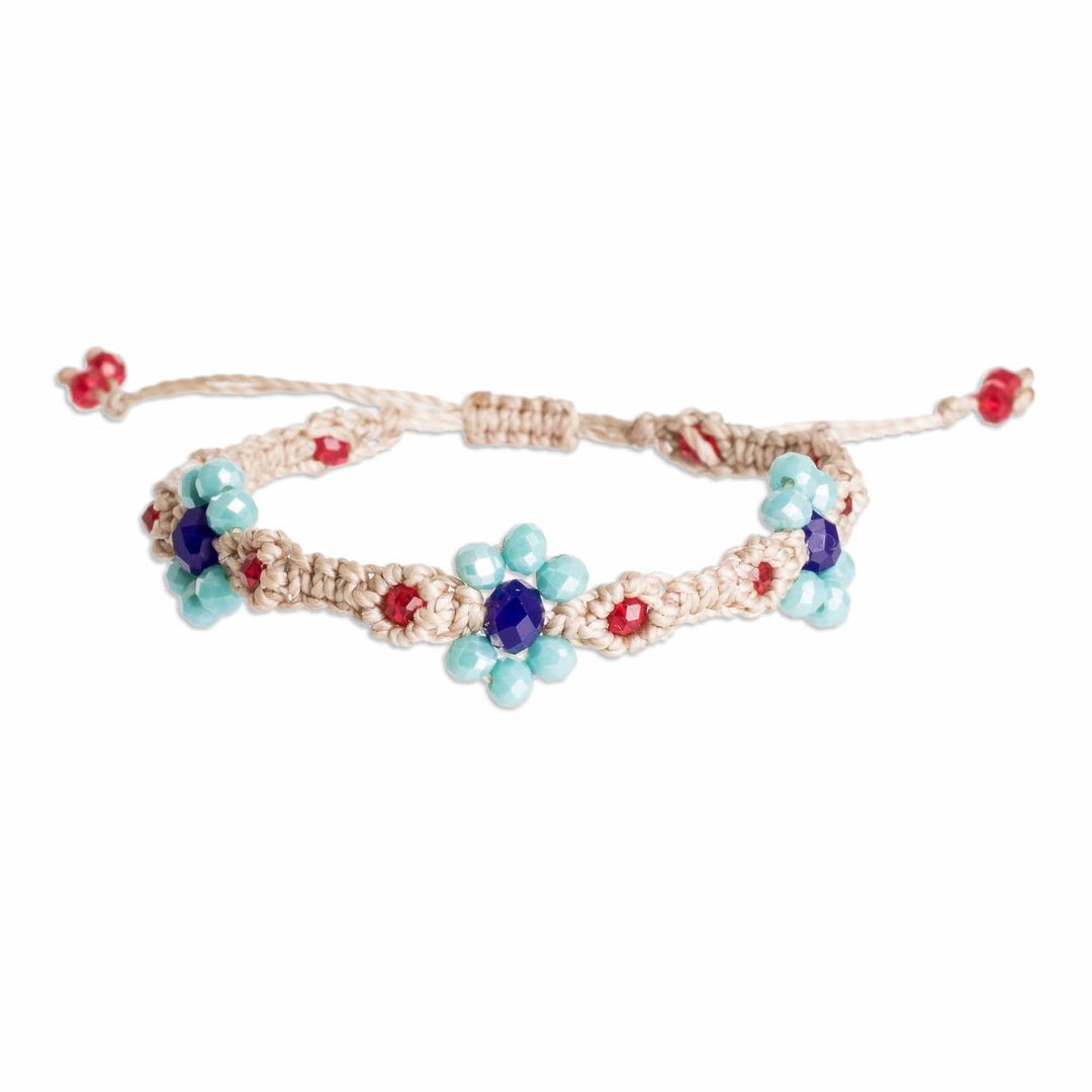 Floral Adjustable Beige Crystal Beaded Macrame Bracelet - My Garden of Peace