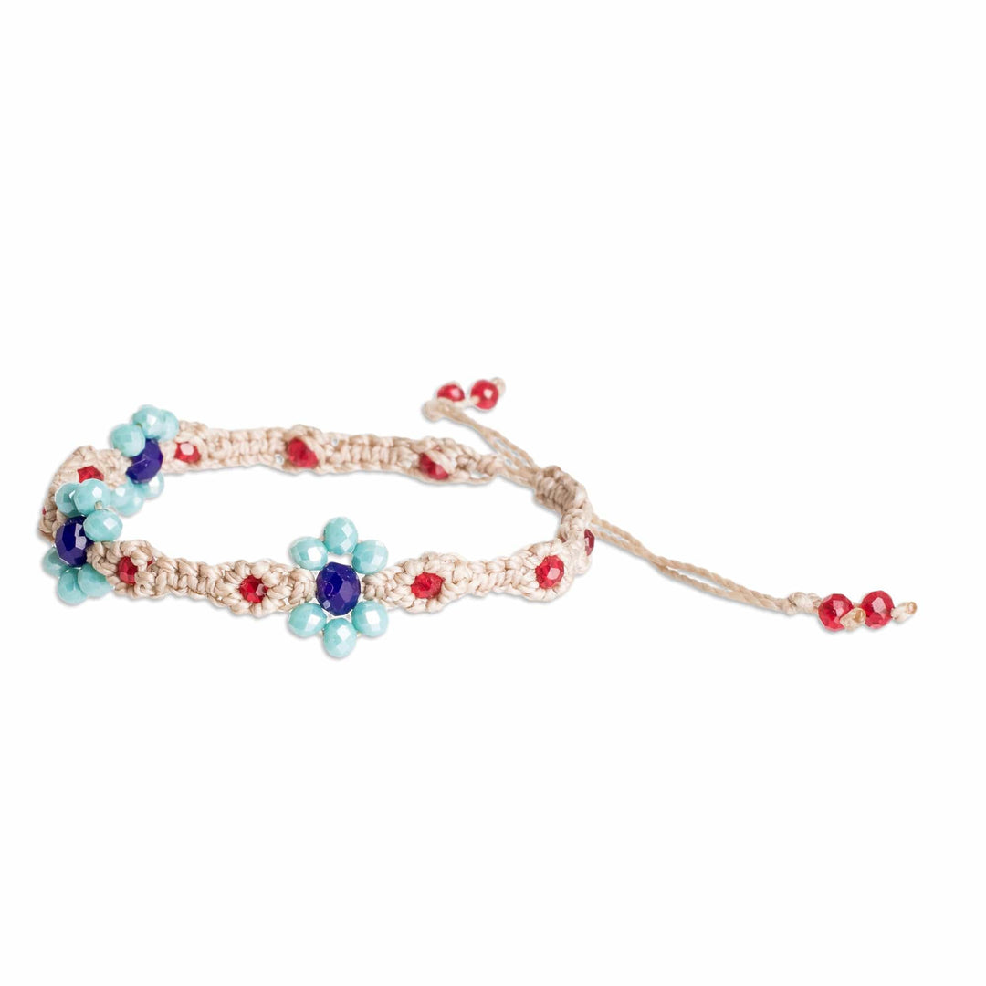 Floral Adjustable Beige Crystal Beaded Macrame Bracelet - My Garden of Peace