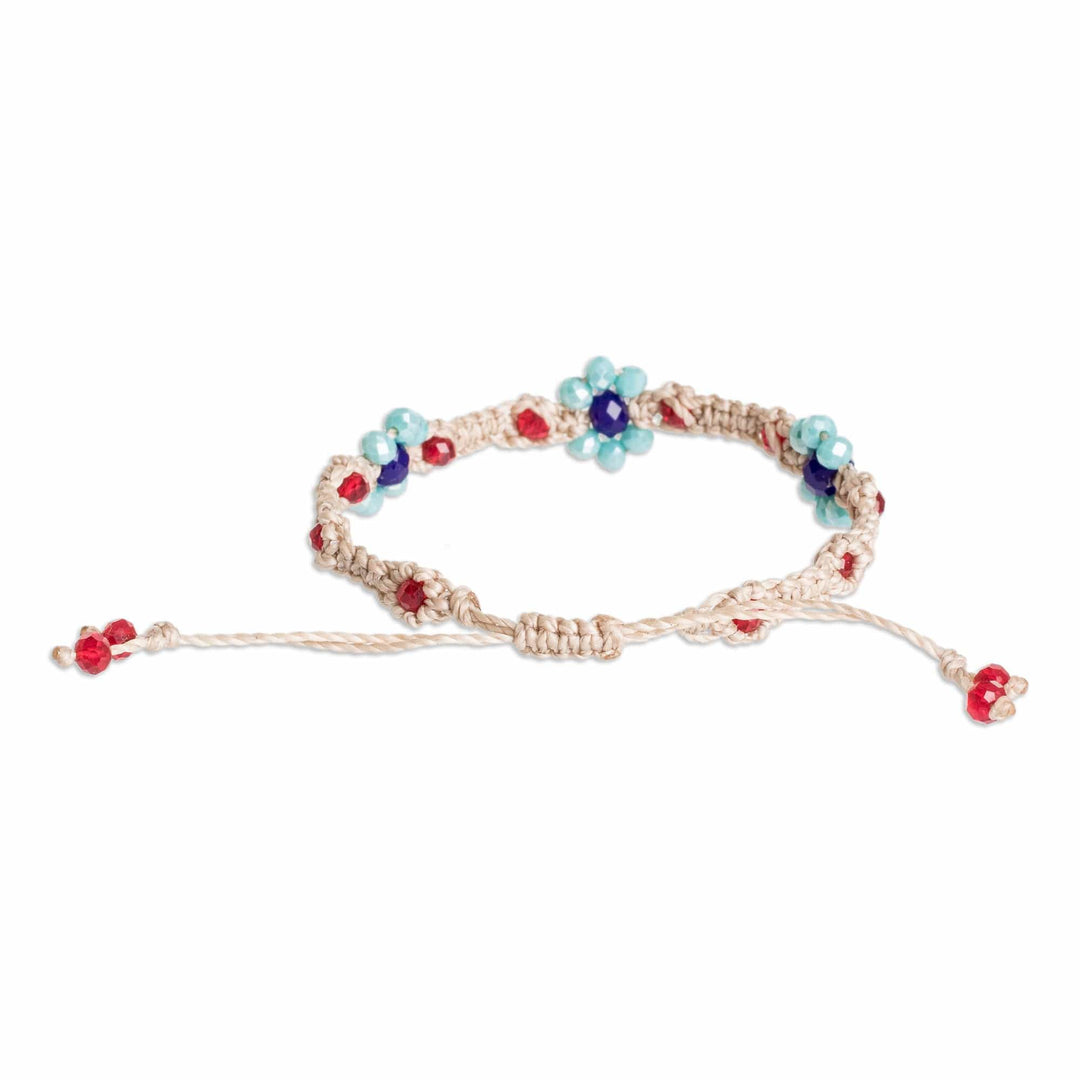 Floral Adjustable Beige Crystal Beaded Macrame Bracelet - My Garden of Peace