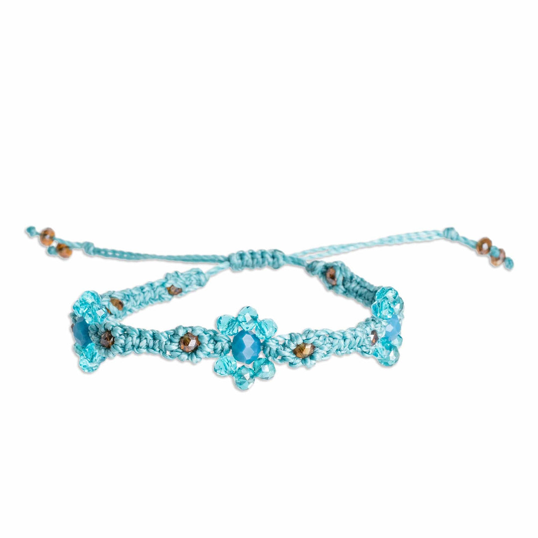 Floral Woven Adjustable Aqua Crystal Beaded Macrame Bracelet - My Garden of Calm