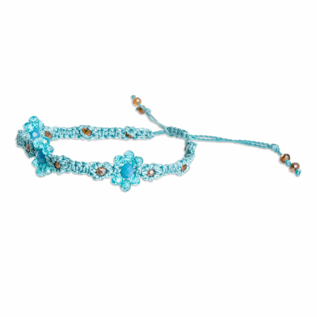 Floral Woven Adjustable Aqua Crystal Beaded Macrame Bracelet - My Garden of Calm