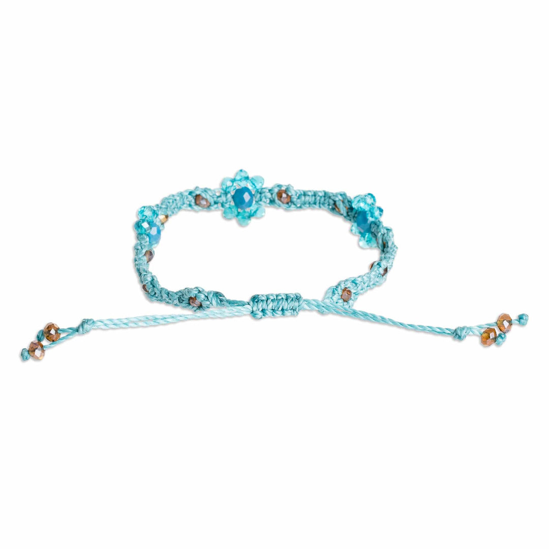Floral Woven Adjustable Aqua Crystal Beaded Macrame Bracelet - My Garden of Calm