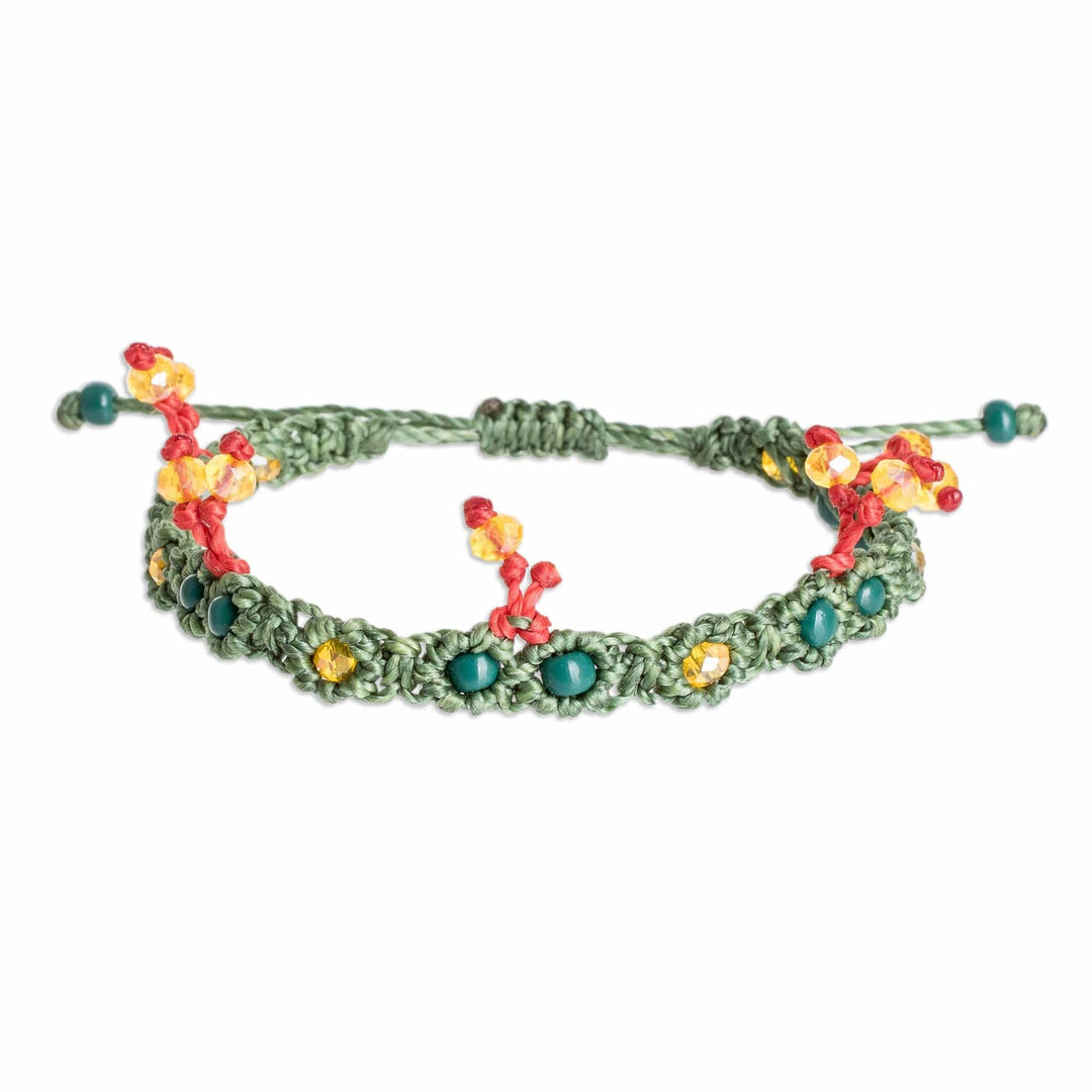 Adjustable Green and Red Crystal Beaded Macrame Bracelet - Mistletoe Love
