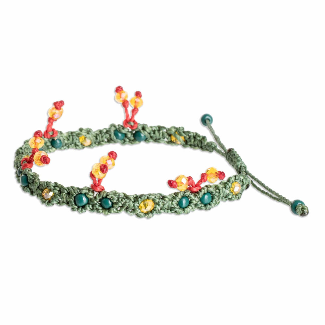 Adjustable Green and Red Crystal Beaded Macrame Bracelet - Mistletoe Love