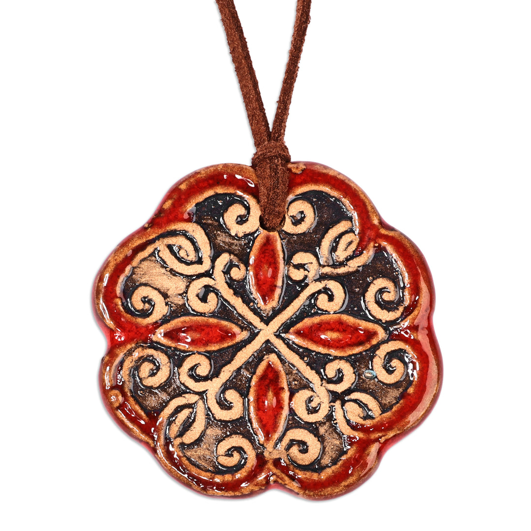 Floral Handcrafted Red and Black Ceramic Pendant Necklace - Majestic Red