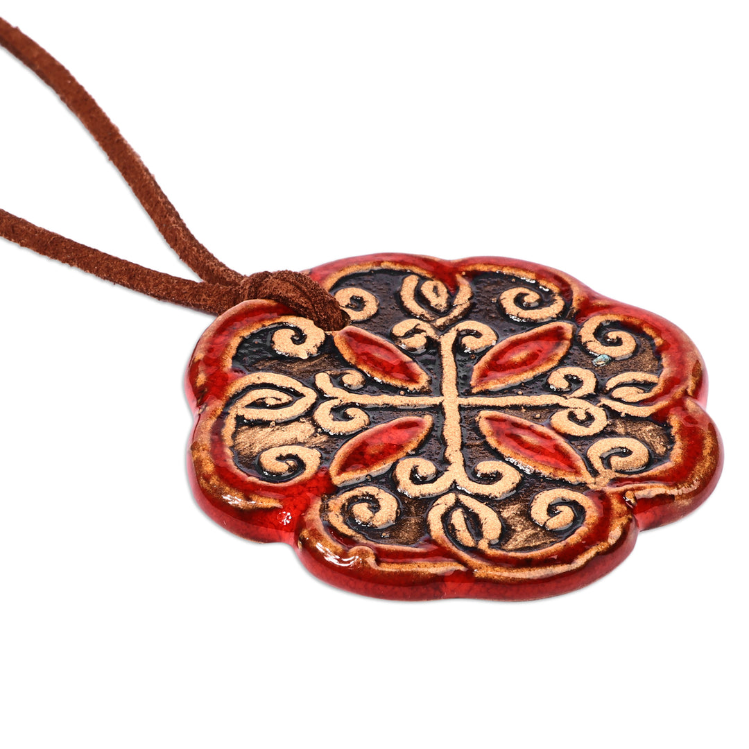 Floral Handcrafted Red and Black Ceramic Pendant Necklace - Majestic Red