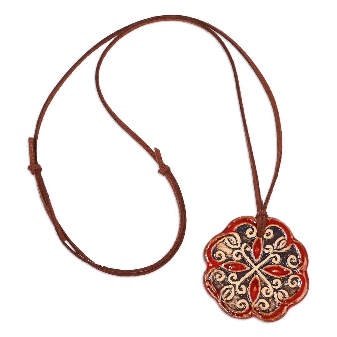 Floral Handcrafted Red and Black Ceramic Pendant Necklace - Majestic Red