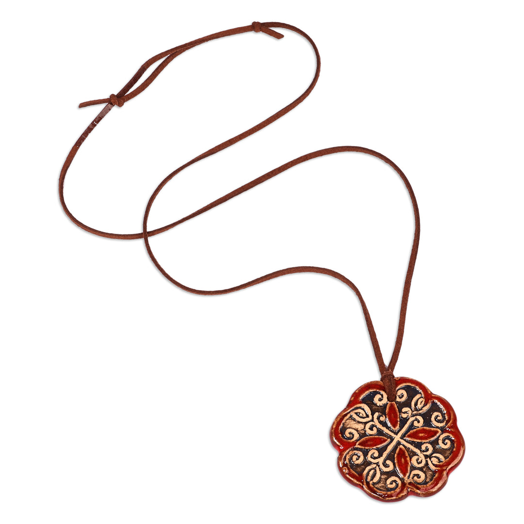 Floral Handcrafted Red and Black Ceramic Pendant Necklace - Majestic Red