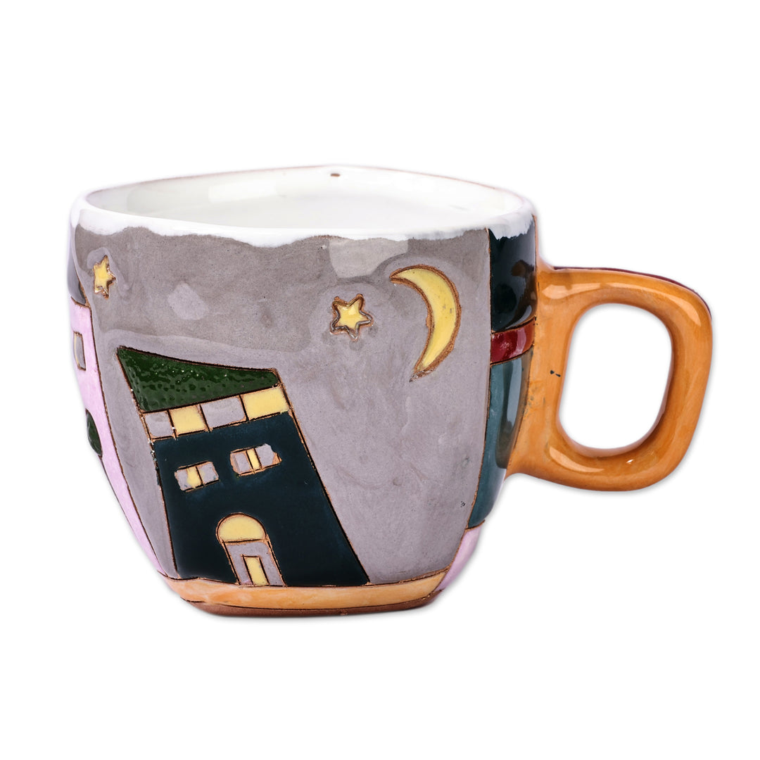 Cityscape-Themed Whimsical Pink and Grey Ceramic Mug - Dreamy Urbanism