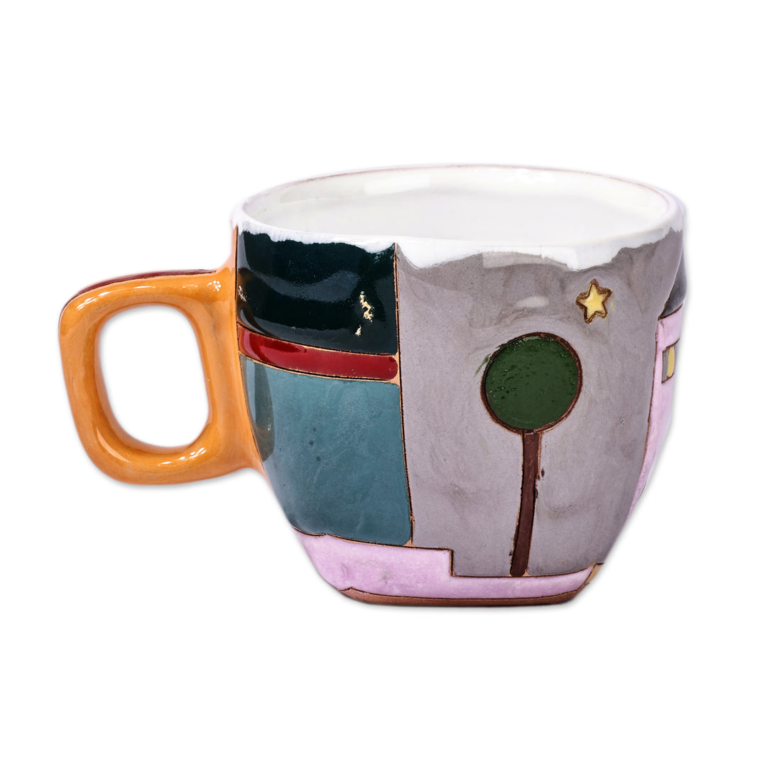 Cityscape-Themed Whimsical Pink and Grey Ceramic Mug - Dreamy Urbanism
