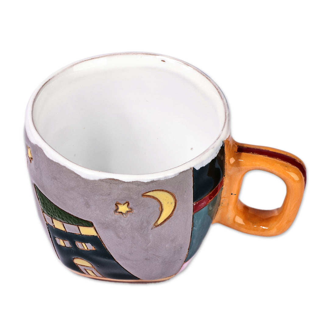 Cityscape-Themed Whimsical Pink and Grey Ceramic Mug - Dreamy Urbanism