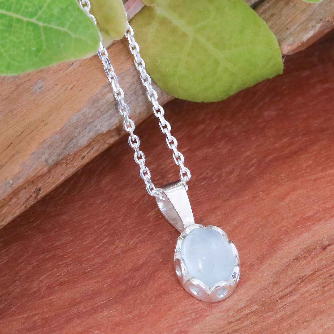 Polished Floral Aquamarine Cabochon Pendant Necklace - Tranquil Light