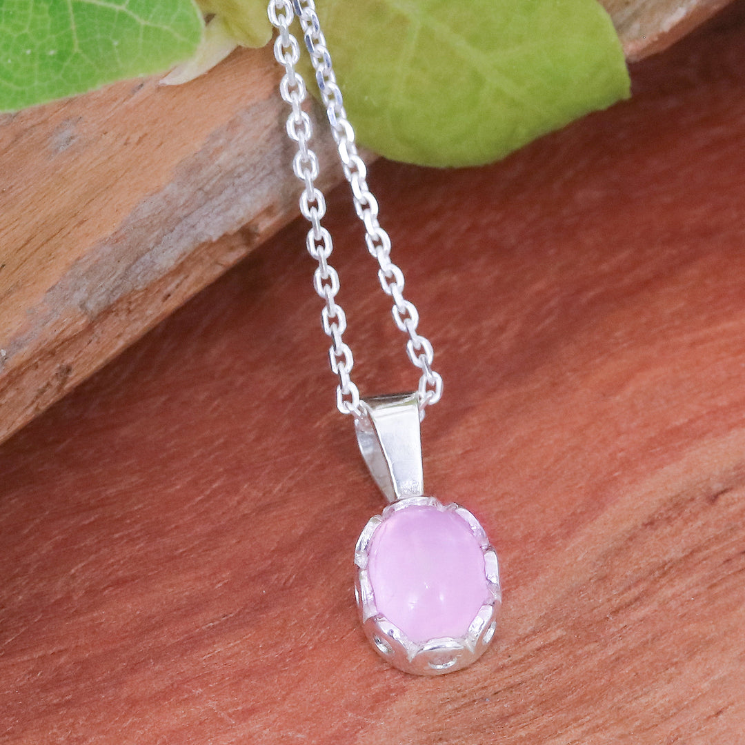 Polished Floral Rose Quartz Cabochon Pendant Necklace - Compassionate Light
