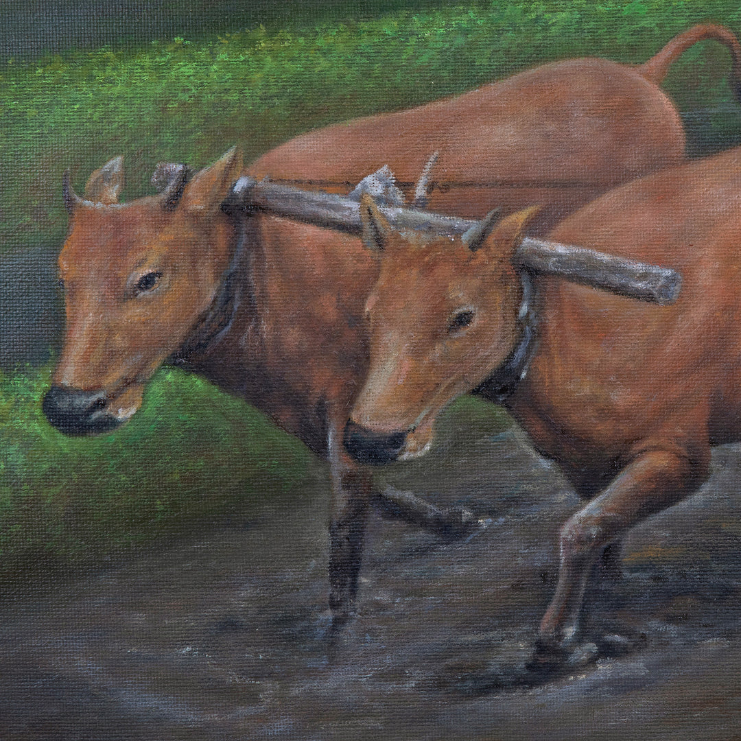 Nature-Inspired Impressionist Acrylic Rice Field Painting - Plowing Rice Field