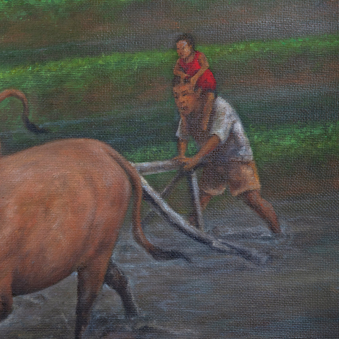 Nature-Inspired Impressionist Acrylic Rice Field Painting - Plowing Rice Field