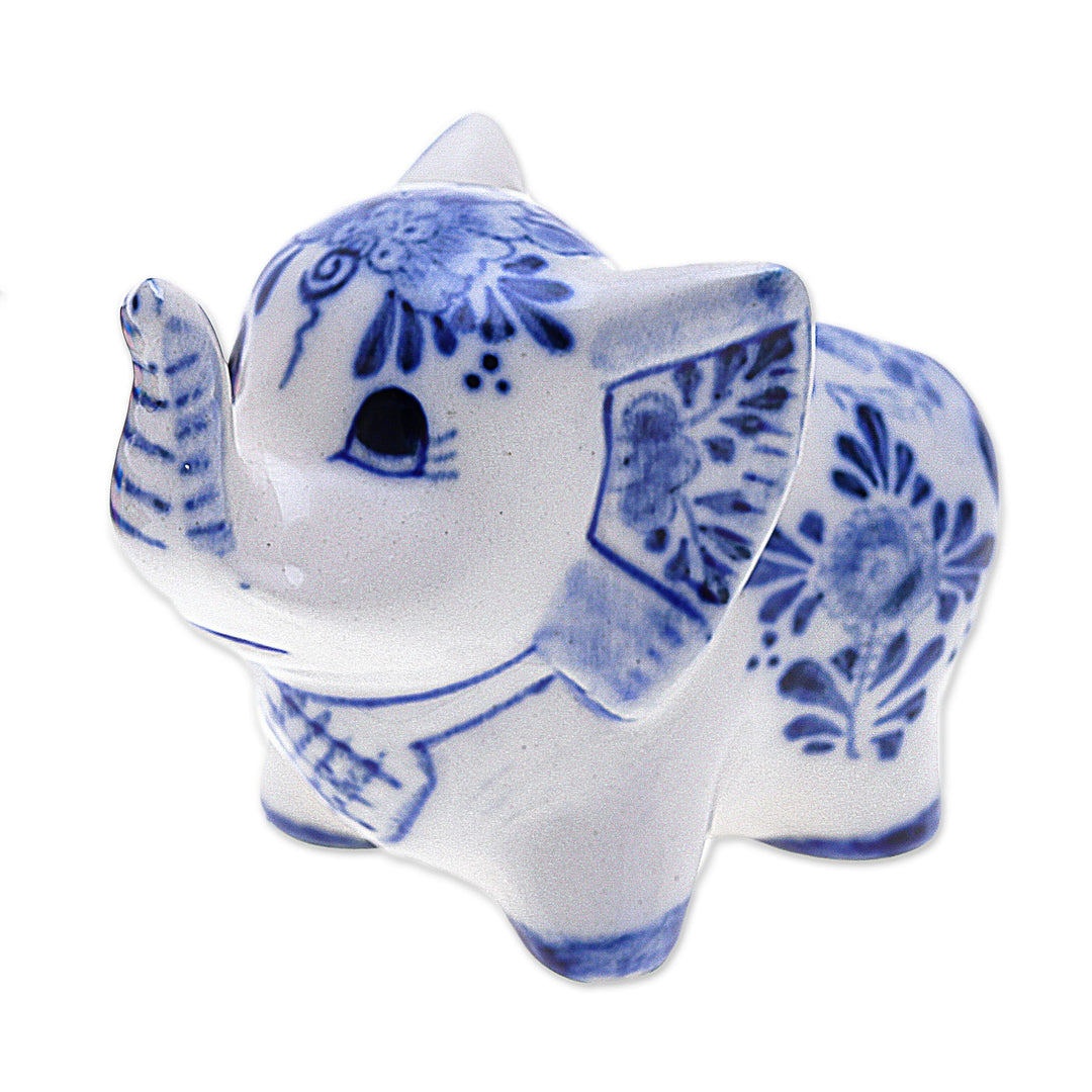 Floral Elephant-Shaped Blue and White Ceramic Statuette - Little Joy