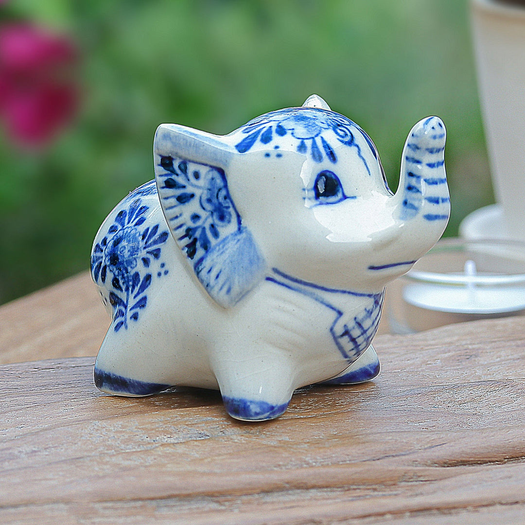 Floral Elephant-Shaped Blue and White Ceramic Statuette - Little Joy