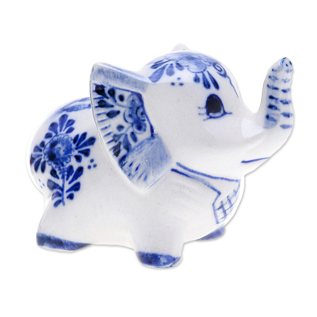 Floral Elephant-Shaped Blue and White Ceramic Statuette - Little Joy