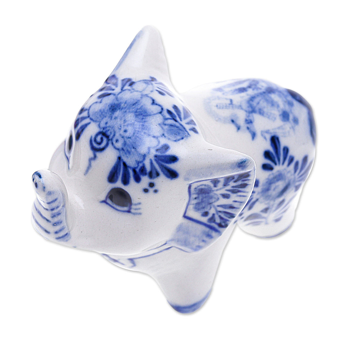 Floral Elephant-Shaped Blue and White Ceramic Statuette - Little Joy