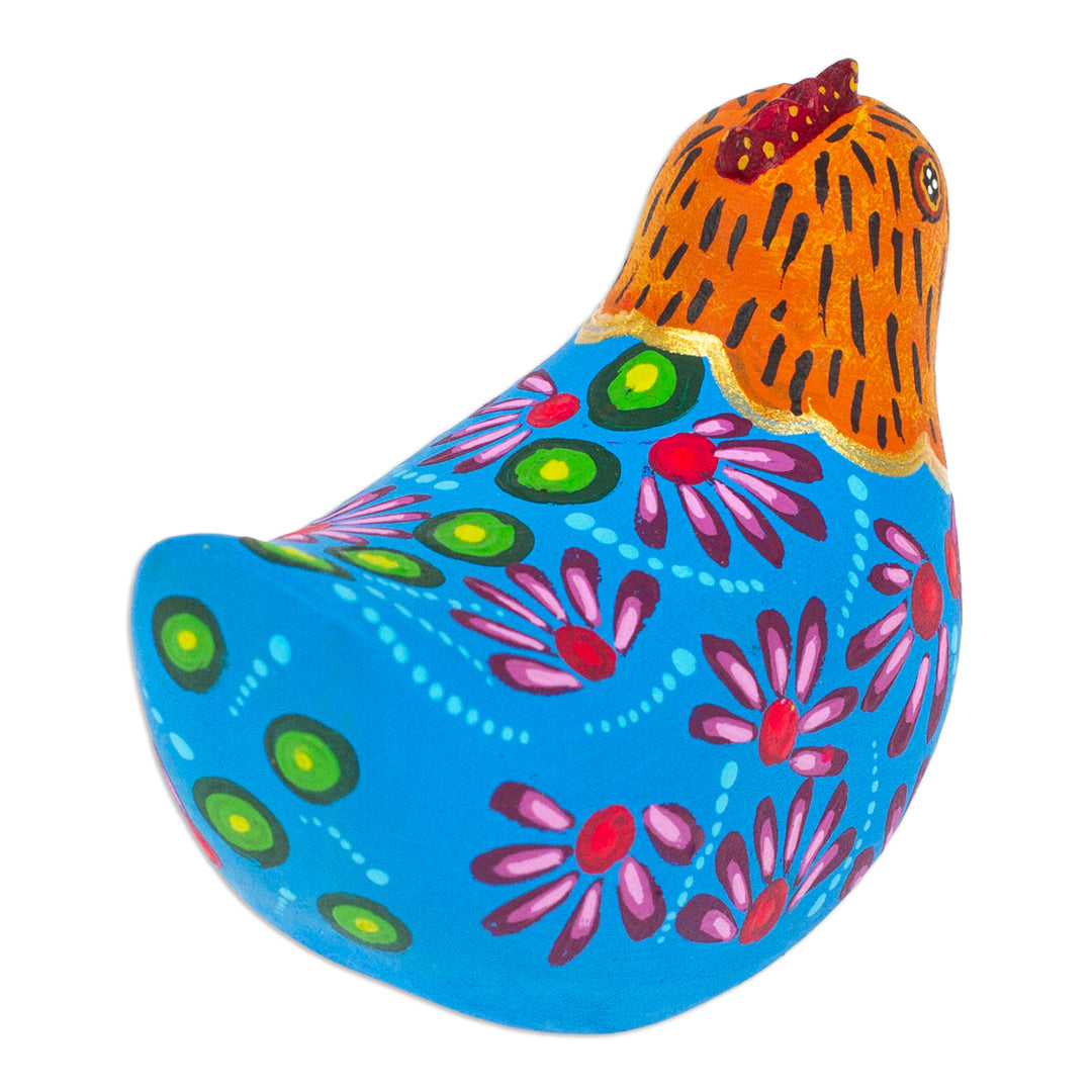 Mexican Hand-Painted Blue Orange Hen Wood Alebrije Figurine - Blue Hen