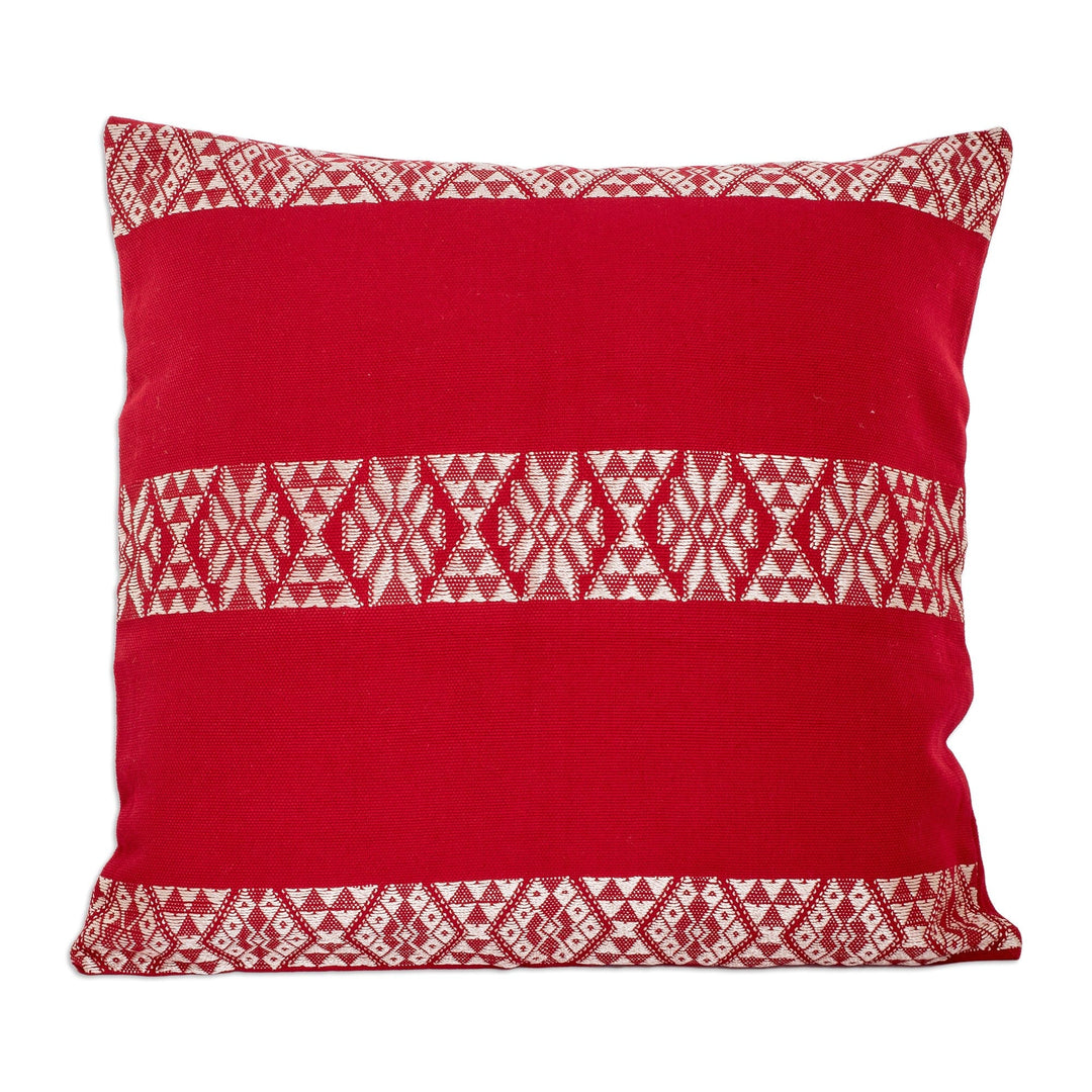 Handwoven Embroidered Poppy and White Cotton Cushion Cover - Mountains and Valleys in Poppy