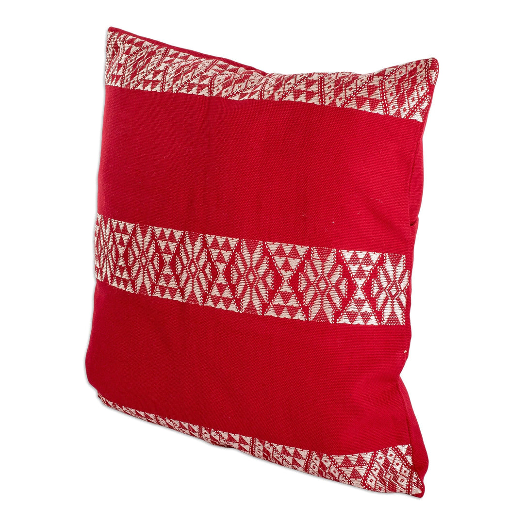 Handwoven Embroidered Poppy and White Cotton Cushion Cover - Mountains and Valleys in Poppy