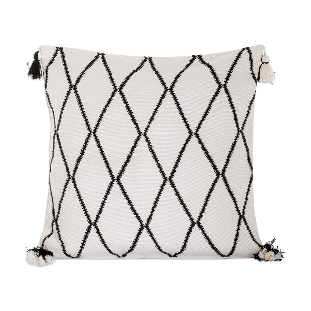 Diamond-Patterned Ivory and Black Cotton Cushion Cover - Ivory of Diamonds