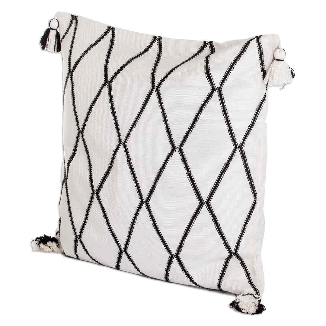 Diamond-Patterned Ivory and Black Cotton Cushion Cover - Ivory of Diamonds