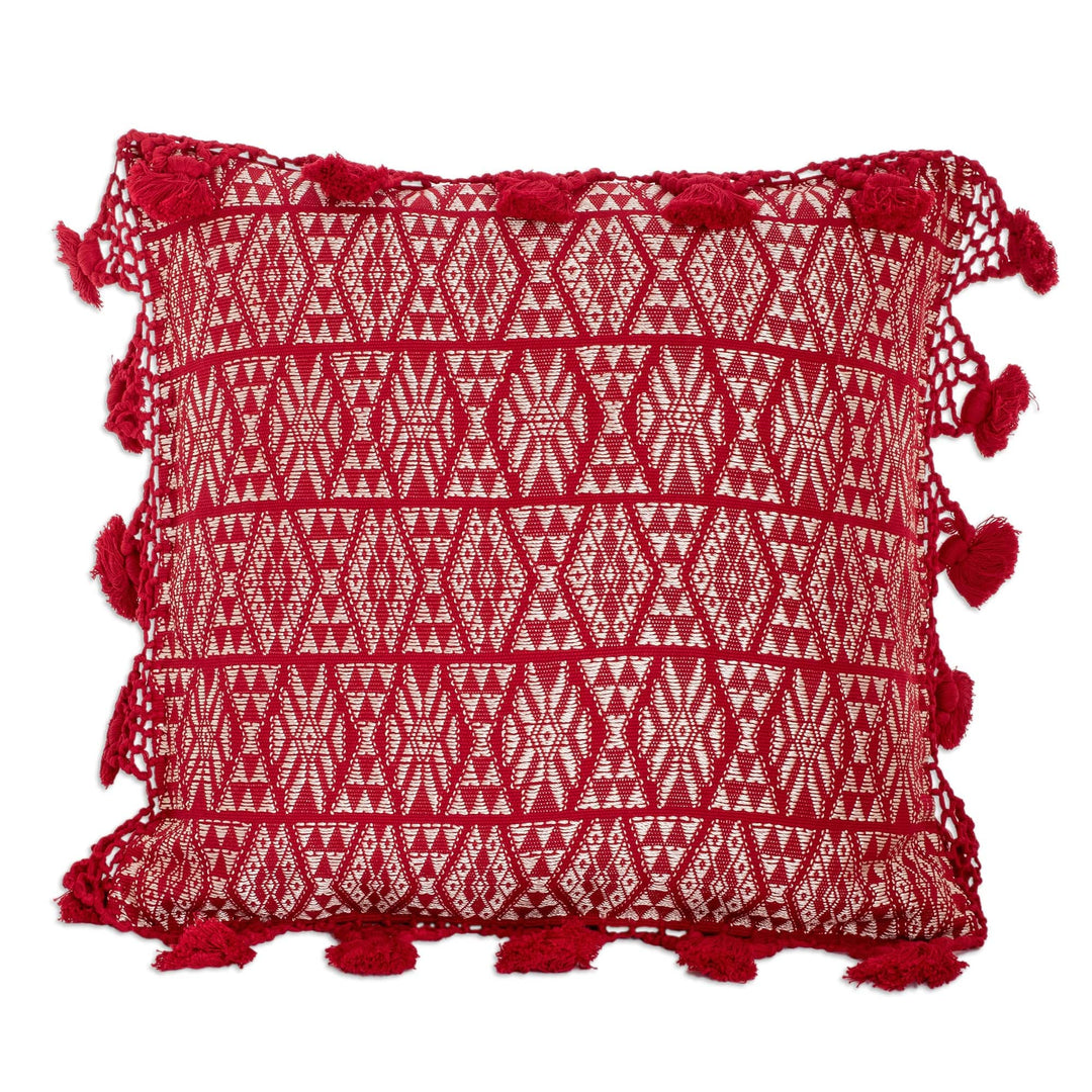 Handwoven Geometric Cotton Cushion Cover in Red and White - Traditional Motifs in Red