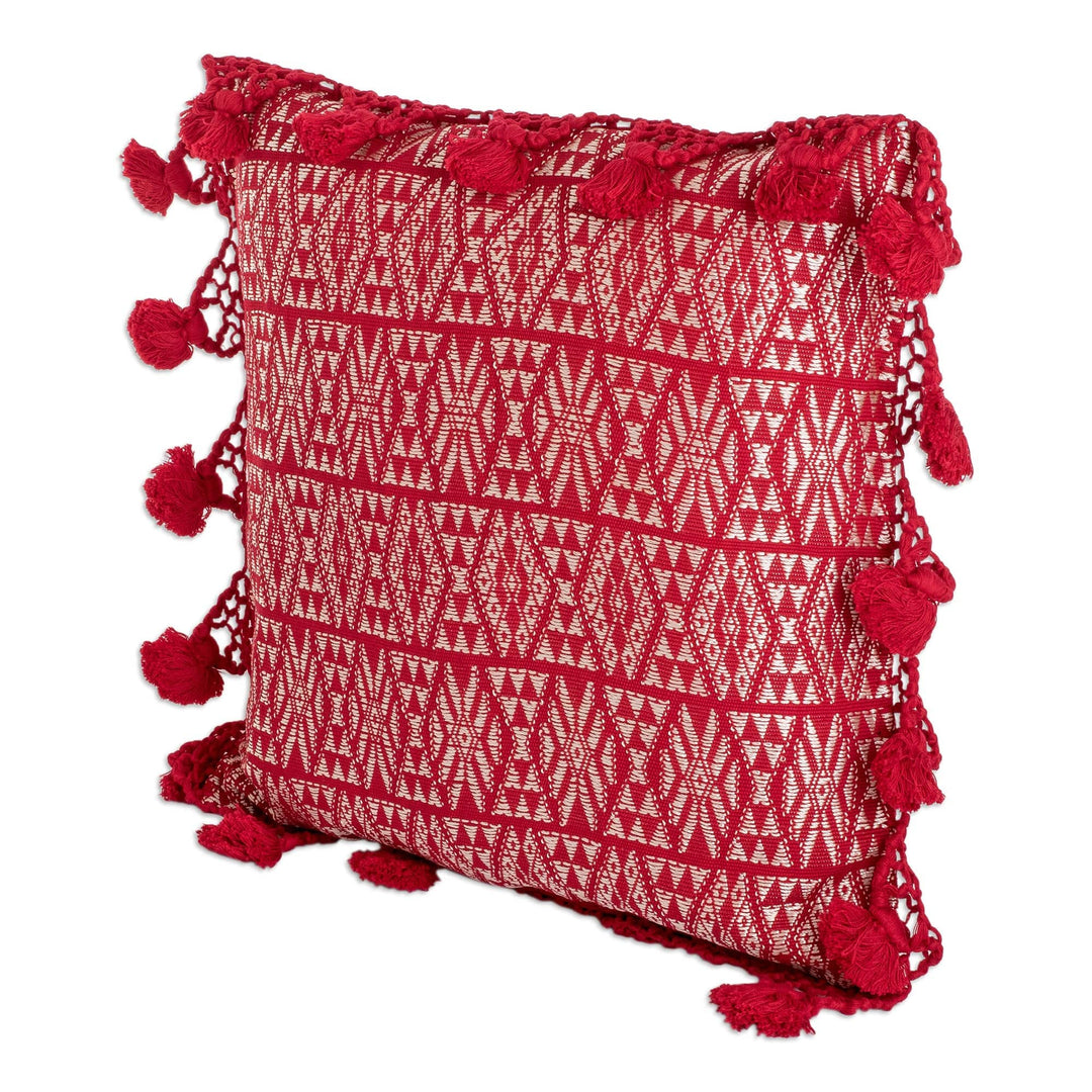 Handwoven Geometric Cotton Cushion Cover in Red and White - Traditional Motifs in Red