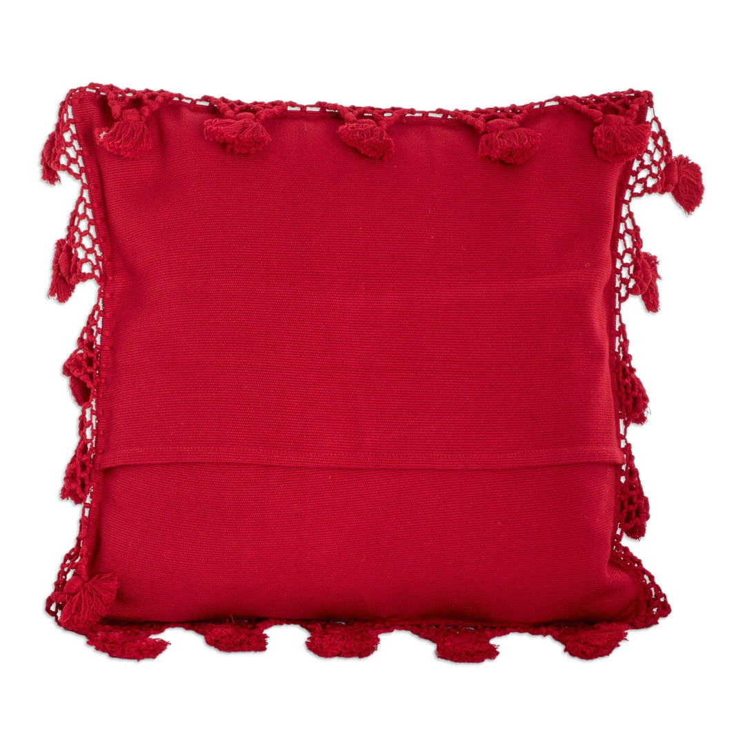Handwoven Geometric Cotton Cushion Cover in Red and White - Traditional Motifs in Red