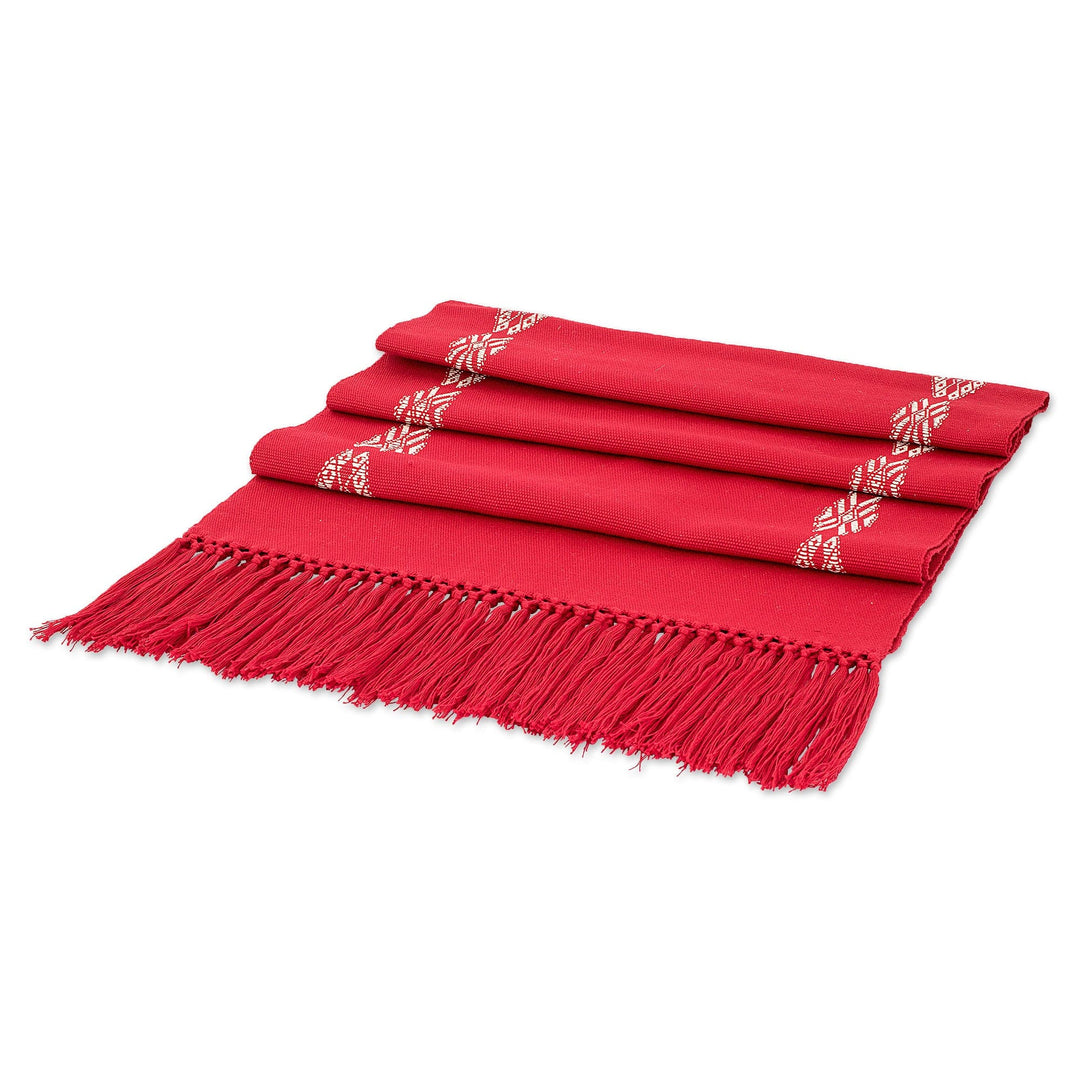 Handloomed Traditional Red and White Cotton Table Runner - Delight in Red