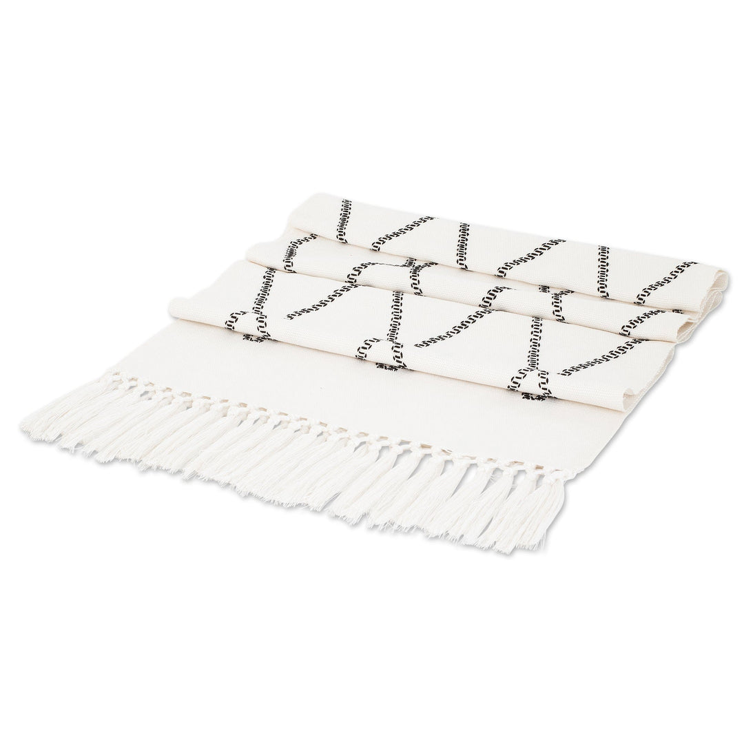 Handwoven White Cotton Table Runner with Diamond Pattern - White Diamond Paths