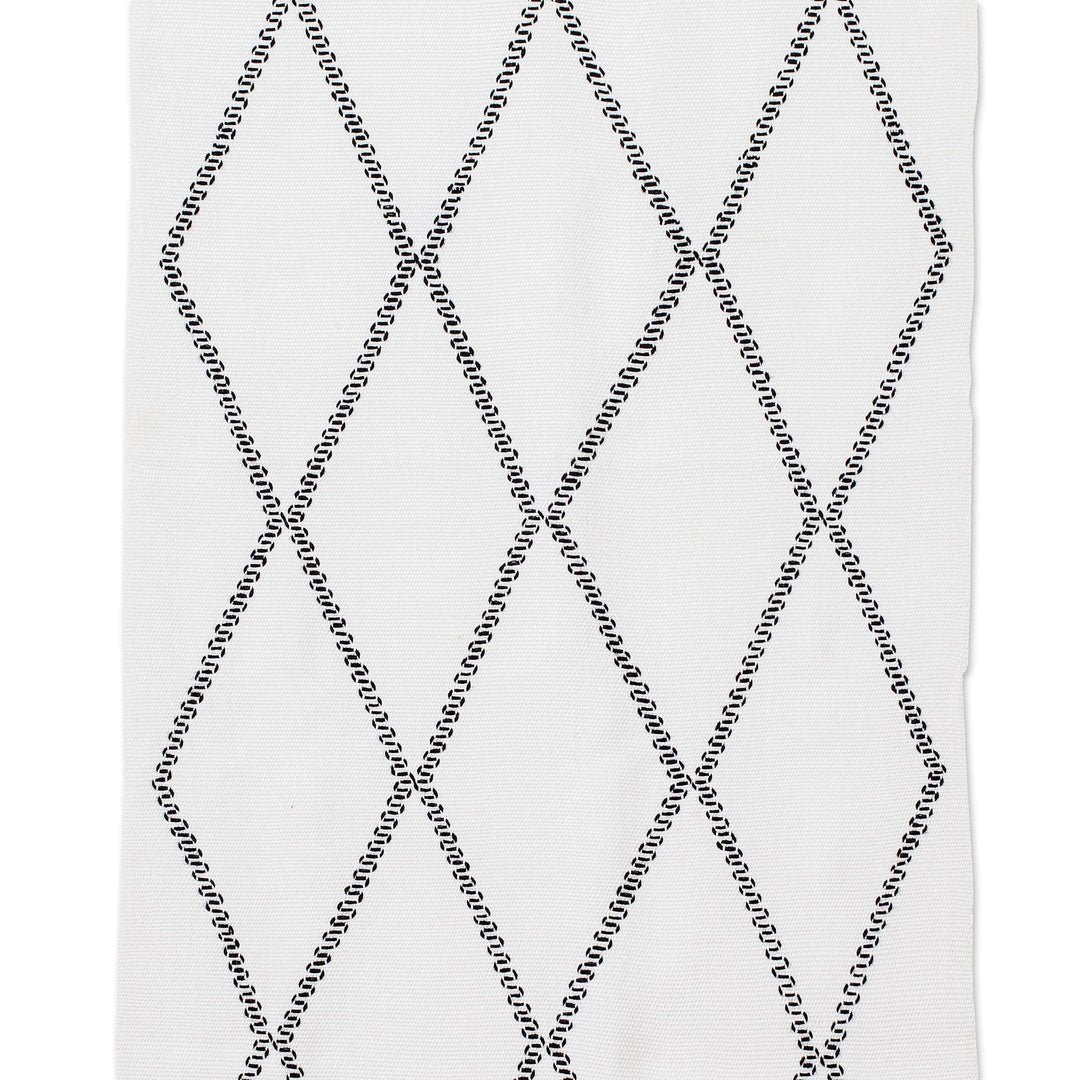Handwoven White Cotton Table Runner with Diamond Pattern - White Diamond Paths