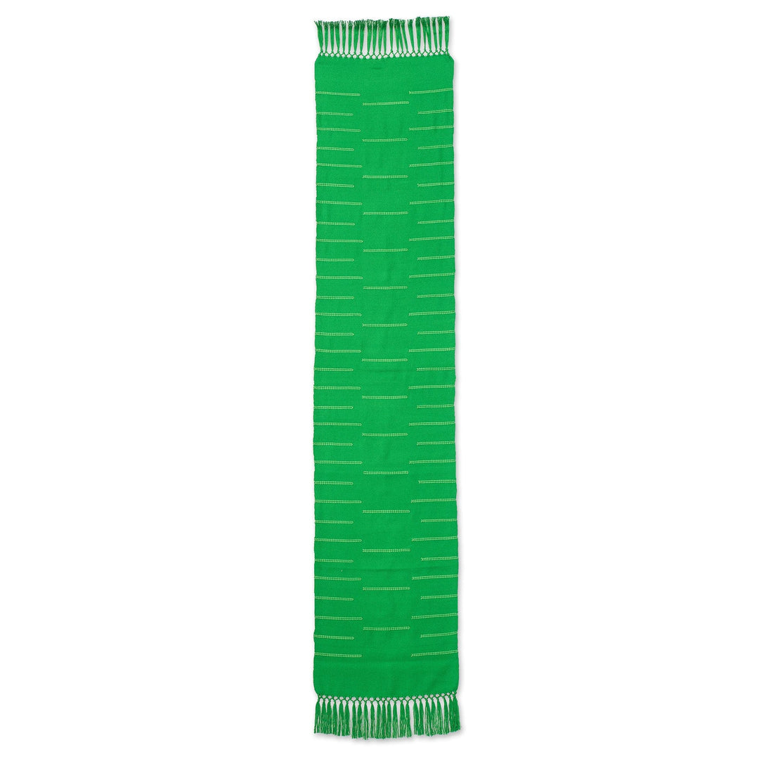 Handwoven Green Cotton Table Runner with Stripes & Fringes - Forest Victory