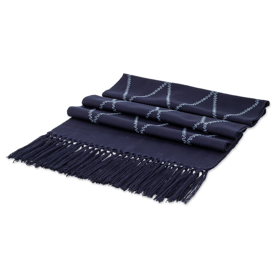 Handwoven Navy Cotton Table Runner with Diamond Pattern - Navy Diamond Paths