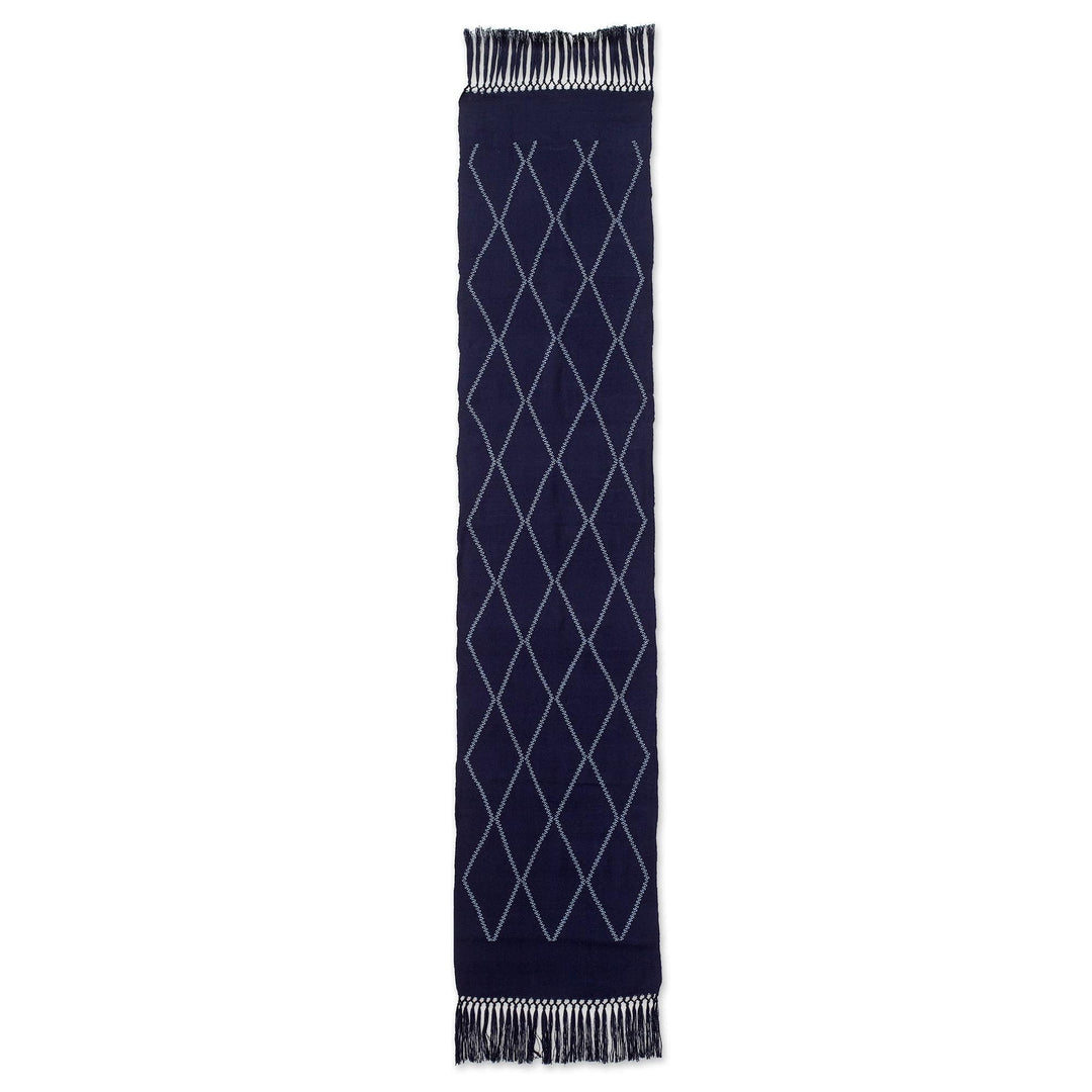 Handwoven Navy Cotton Table Runner with Diamond Pattern - Navy Diamond Paths