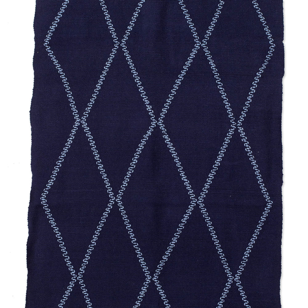 Handwoven Navy Cotton Table Runner with Diamond Pattern - Navy Diamond Paths