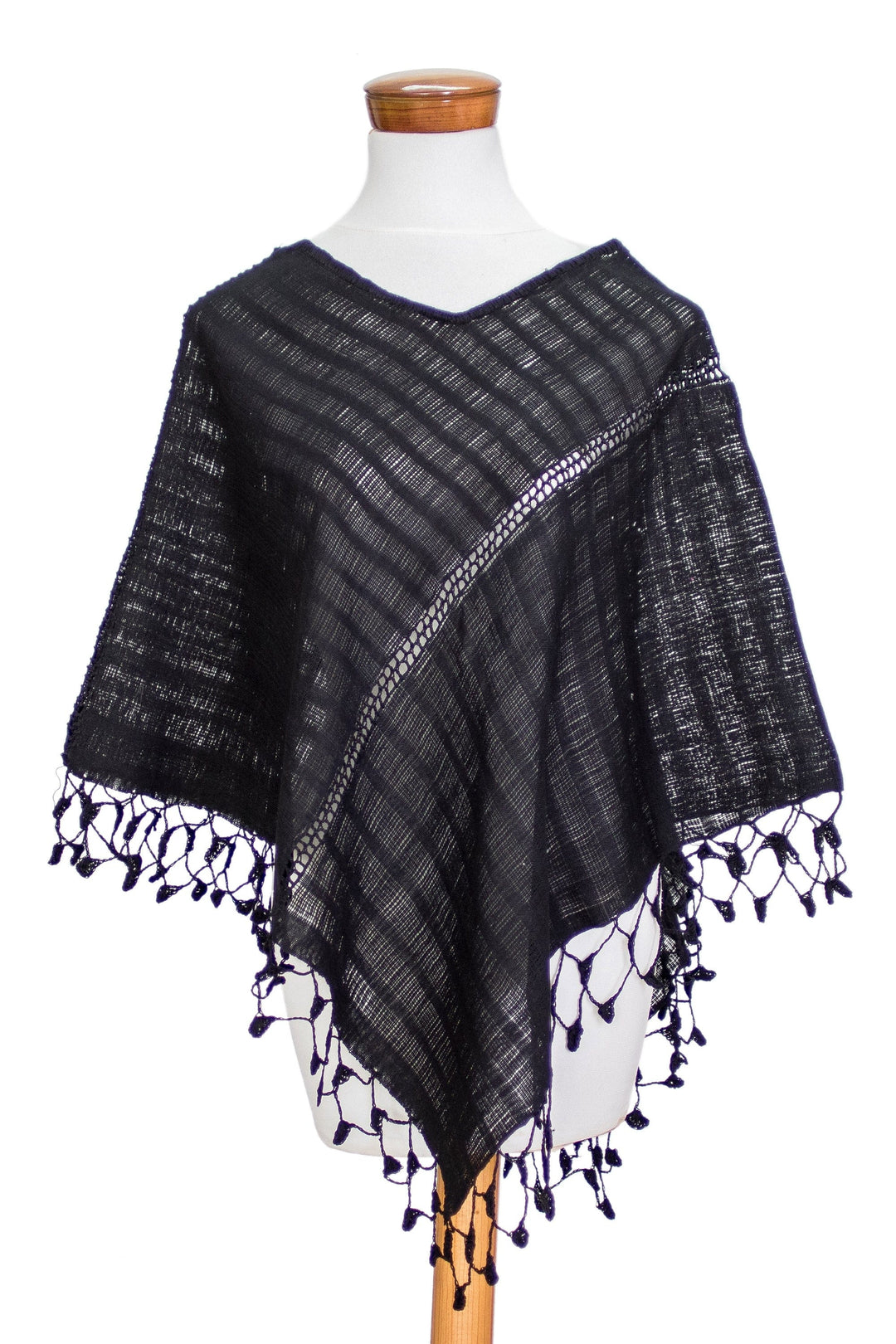 Handwoven Black Cotton Poncho with Tassels from Guatemala - Nocturnal Chic