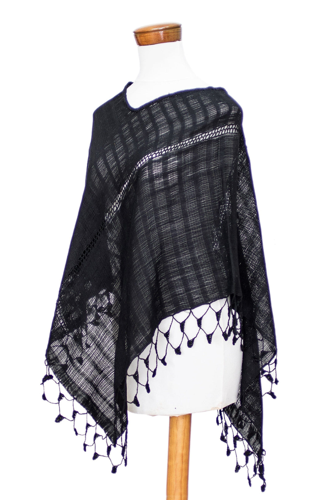 Handwoven Black Cotton Poncho with Tassels from Guatemala - Nocturnal Chic