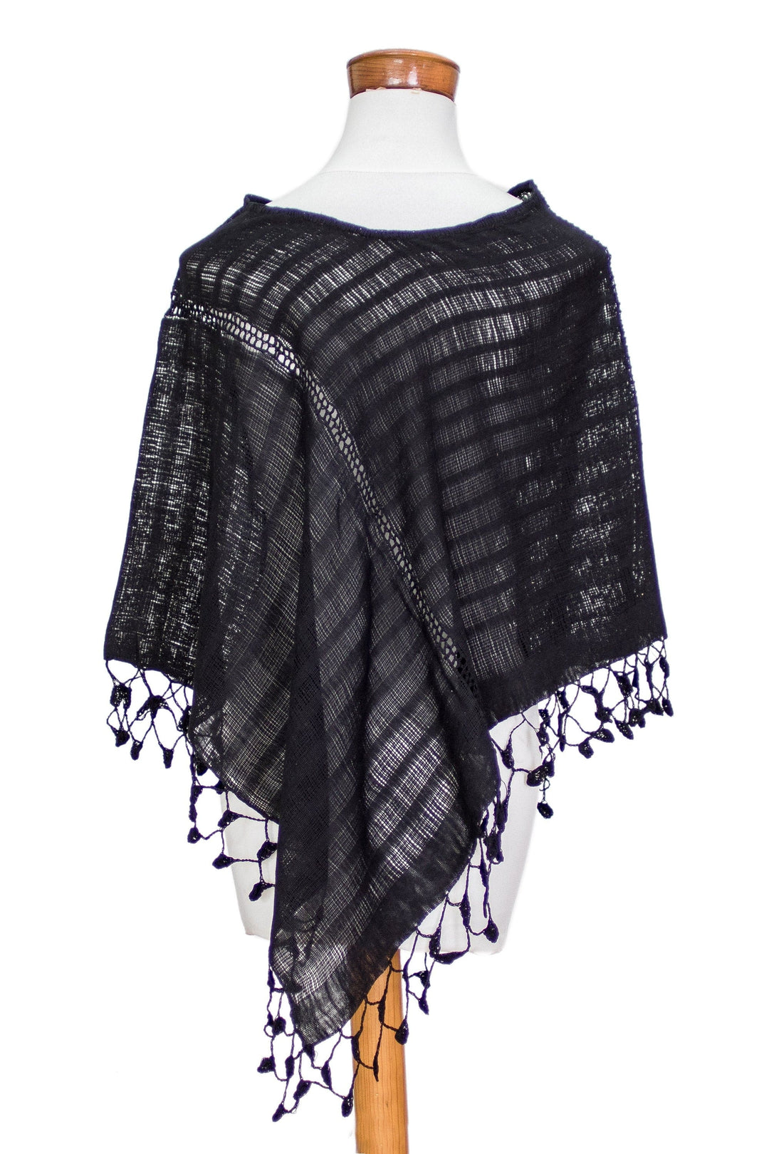 Handwoven Black Cotton Poncho with Tassels from Guatemala - Nocturnal Chic