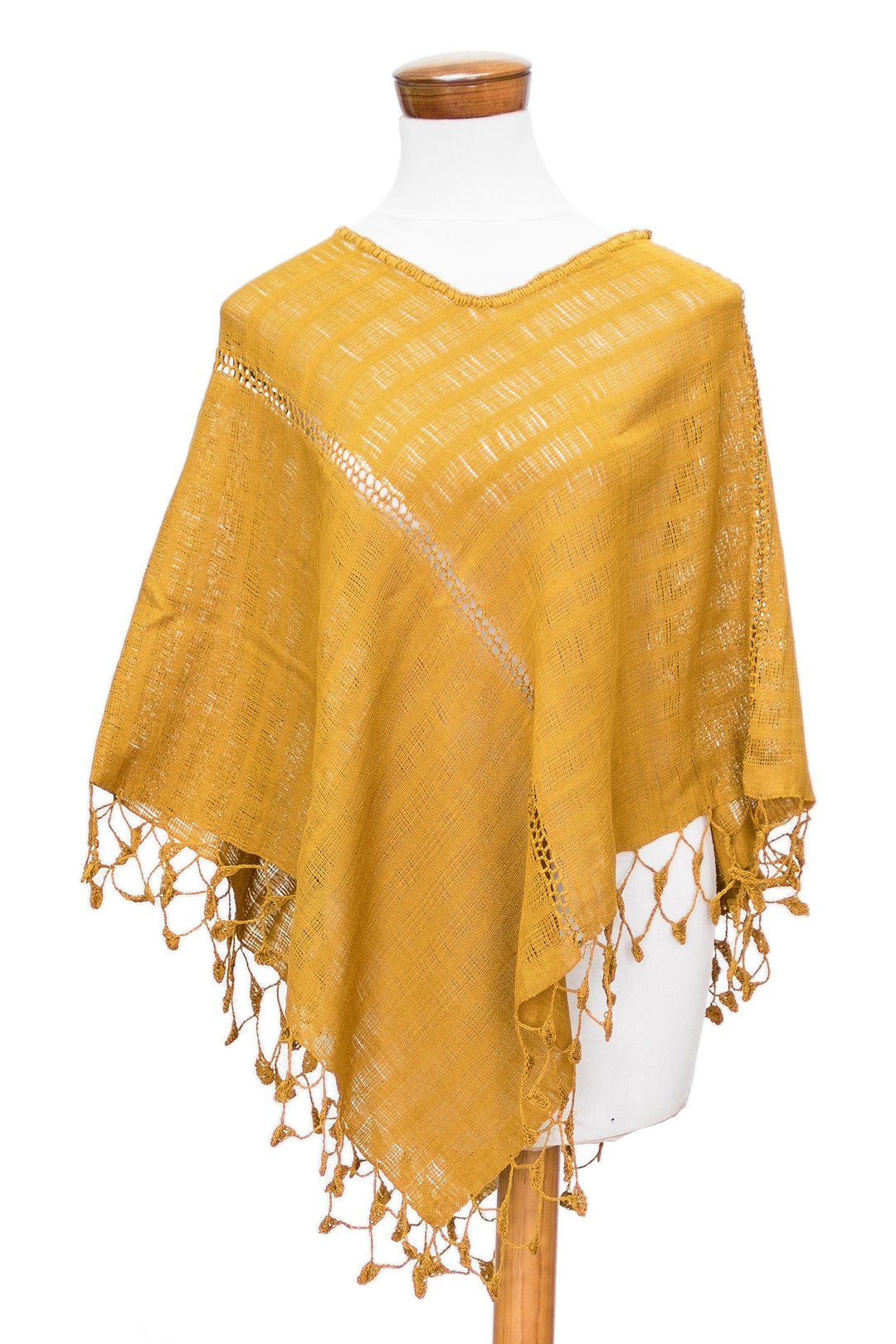 Hand-Woven Yellow Cotton Poncho with Tassels from Guatemala - Golden Flair