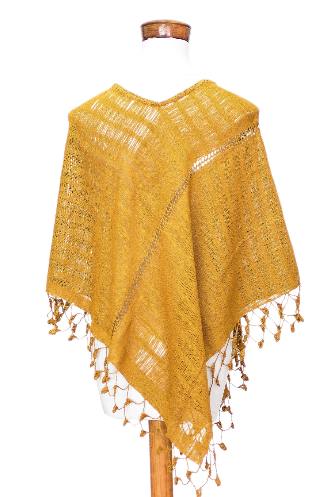 Hand-Woven Yellow Cotton Poncho with Tassels from Guatemala - Golden Flair