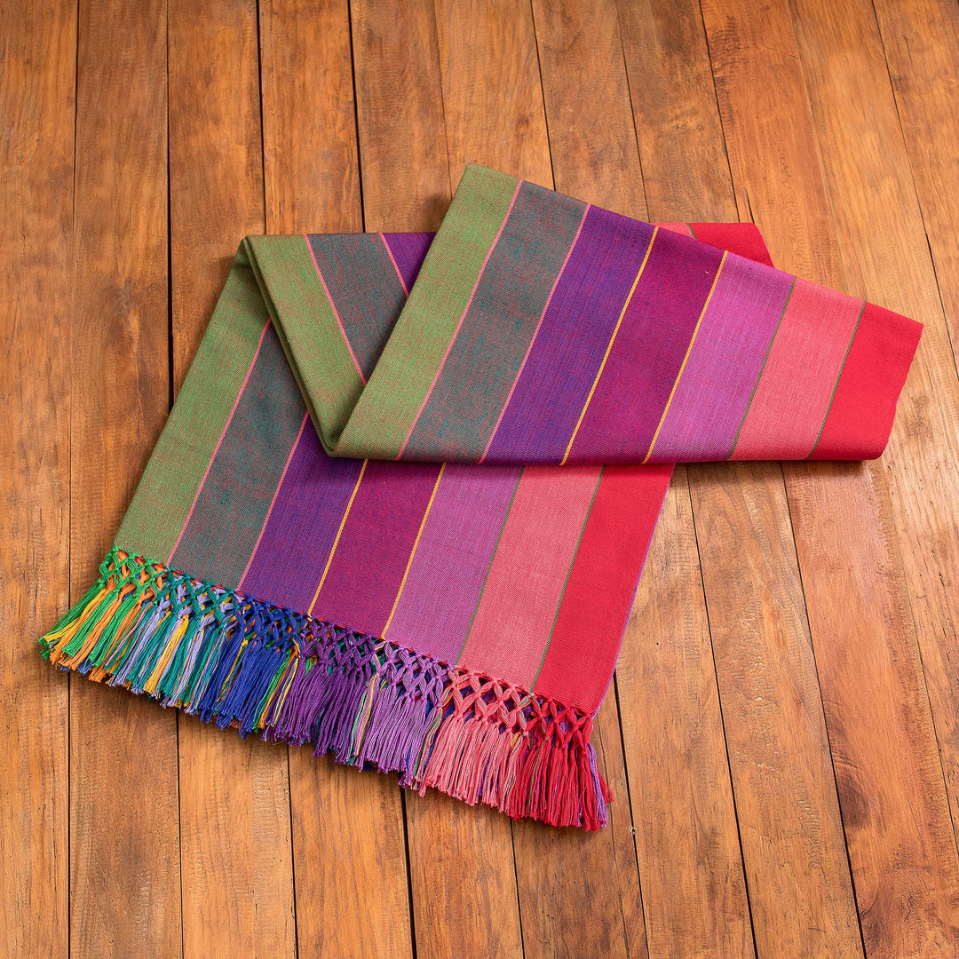 Handwoven Fringed Cotton Tablecloth with Colorful Stripes - Vibrant Rainbow