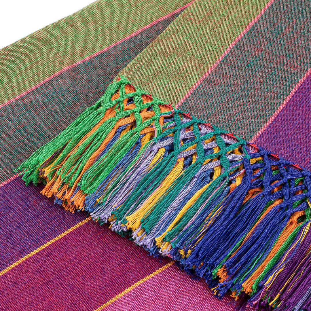 Handwoven Fringed Cotton Tablecloth with Colorful Stripes - Vibrant Rainbow