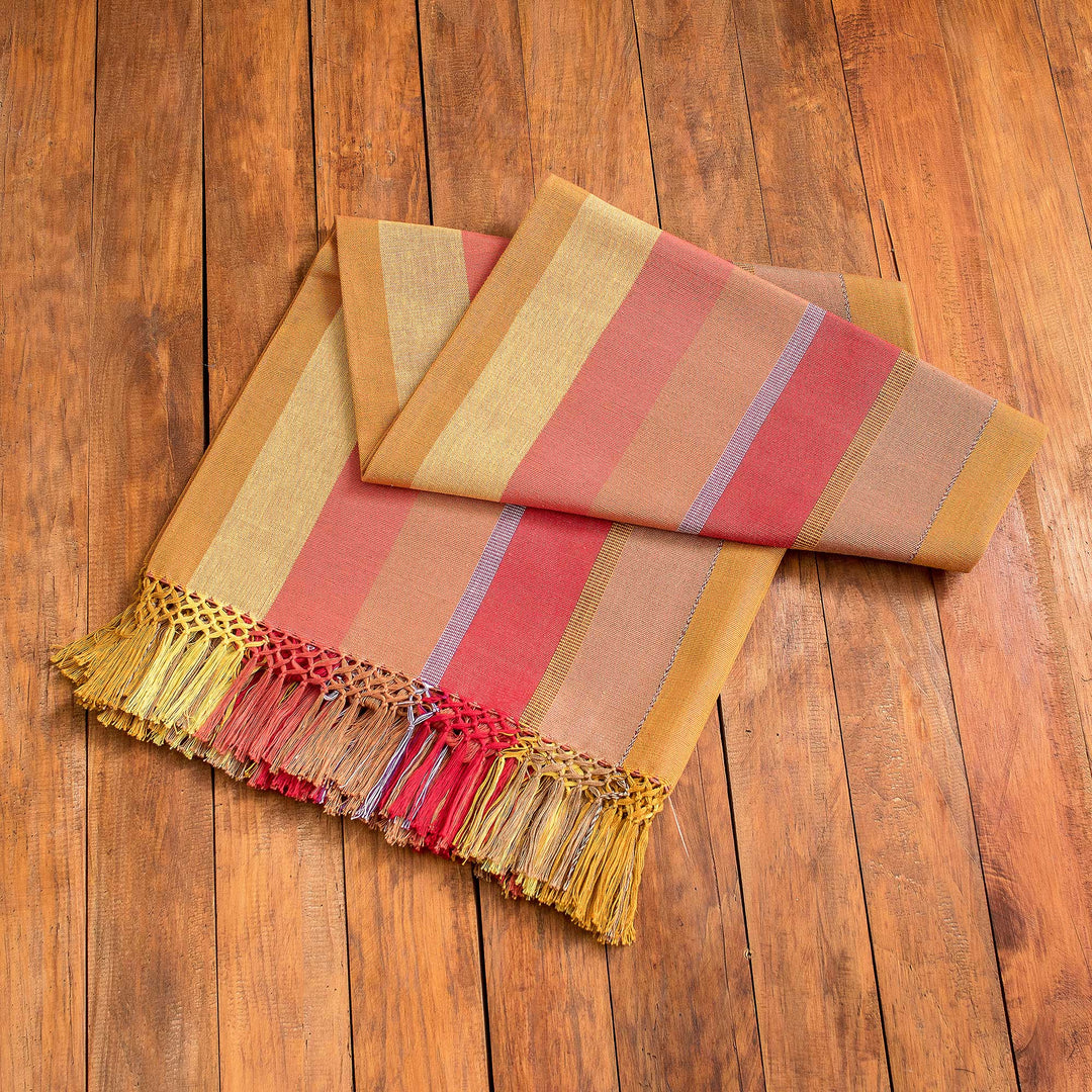 Handwoven Striped Fringed Colorful Cotton Tablecloth - Dawn in the Countryside