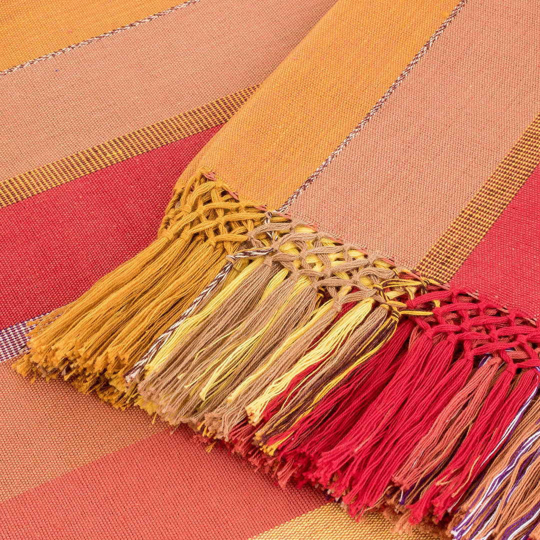 Handwoven Striped Fringed Colorful Cotton Tablecloth - Dawn in the Countryside