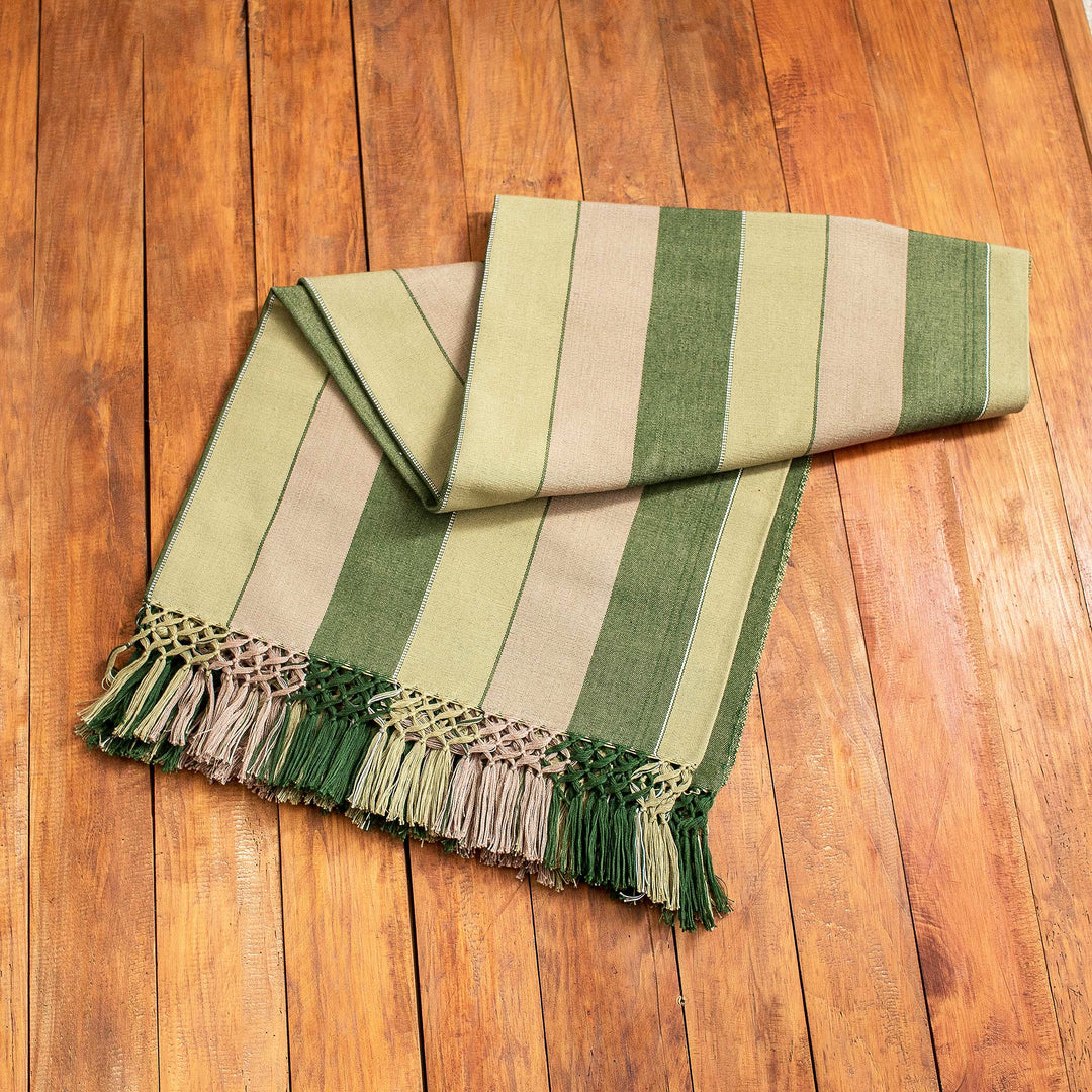 Handwoven Striped Fringed Brown and Green Cotton Tablecloth - Forest Life