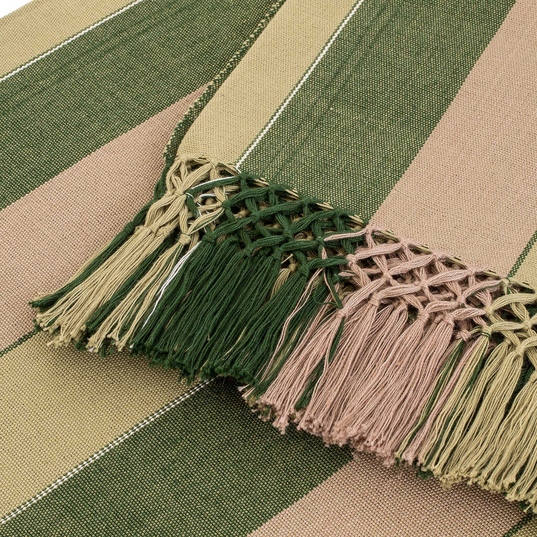Handwoven Striped Fringed Brown and Green Cotton Tablecloth - Forest Life