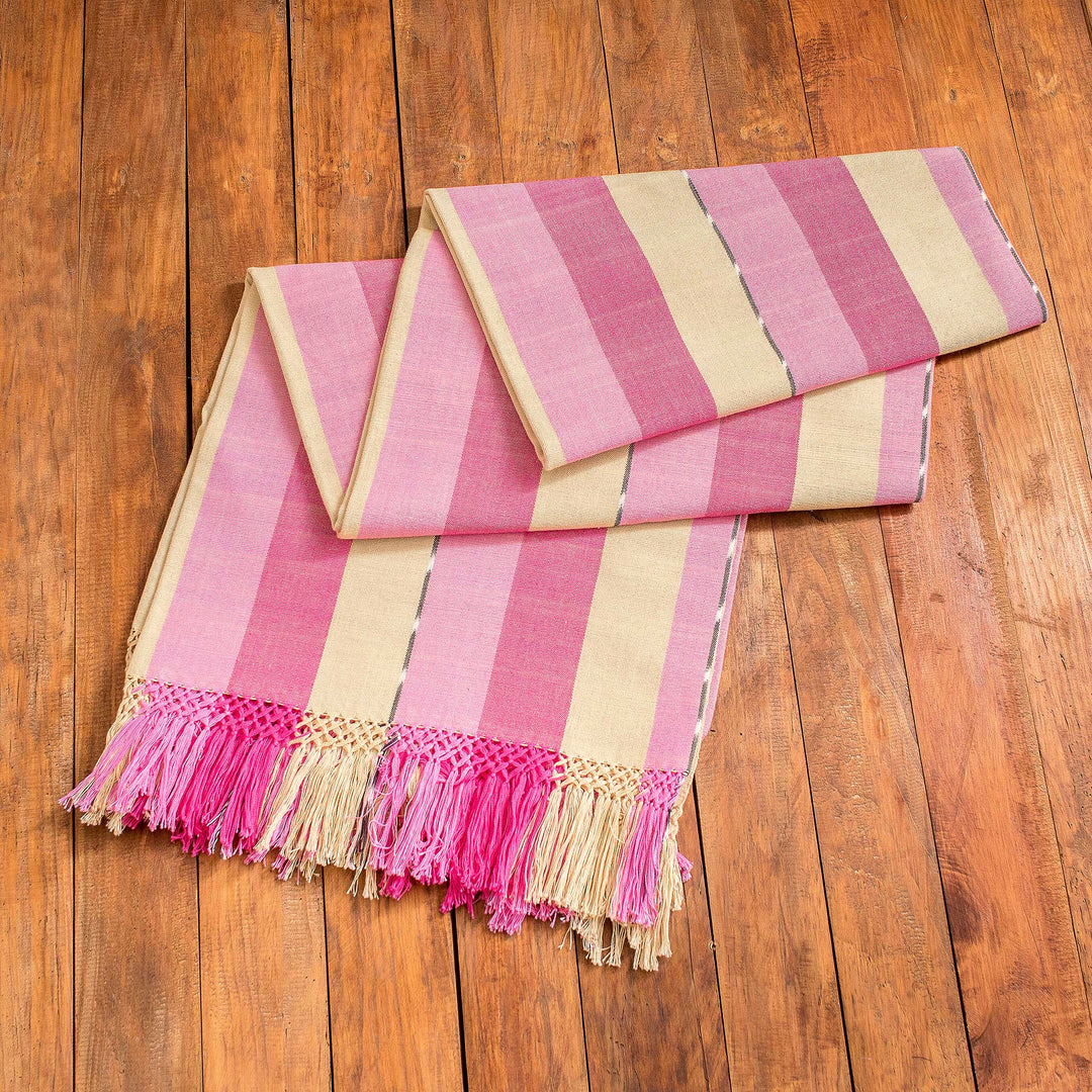 Handwoven Striped Fringed Pink and Yellow Cotton Tablecloth - Radiant Rose